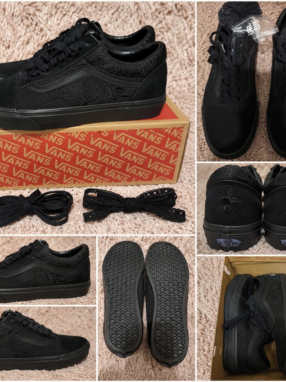 Vans Old Skool "In The Shadows" Black Embroidered Roses & Spider Sneakers Women'